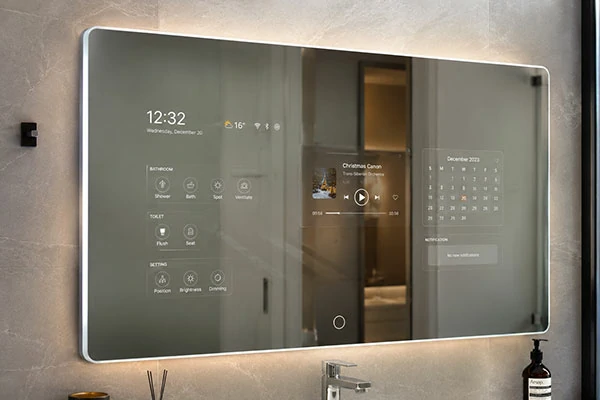 Glass mirror coating for smart mirrors and bathroom displays
